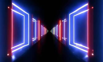 A long hallway with neon lights and a black background video