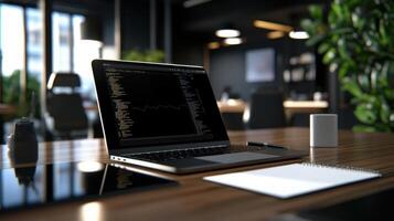 A laptop sitting on a desk with a cup of coffee photo