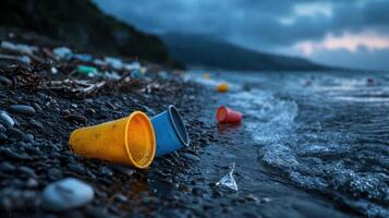 Plastic cups on the beach by the ocean photo