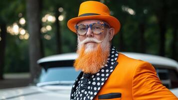 An old man with an orange beard and glasses photo