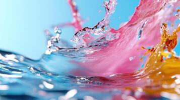 Colorful water splashing on a blue background photo