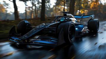 A blue race car driving down a wet road photo