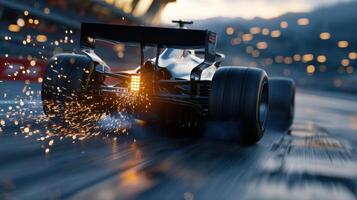 A racing car is speeding down the track photo