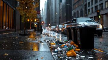 A wet street with trash and garbage on the ground photo