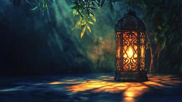 An ornate lamp with a green plant in the background photo