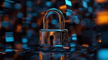 A lock on a blue background with a blue light photo