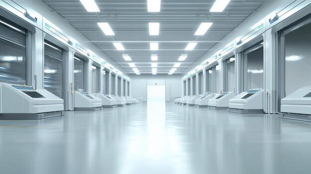 A long hallway with white machines in it photo