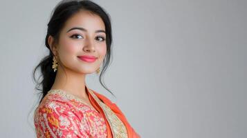 A beautiful indian woman in an orange sari photo