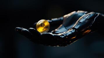 A hand holding a bitcoin in the dark photo