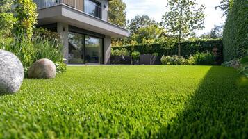 A lawn with rocks and grass in front of a house photo