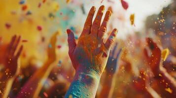 A person's hand is covered in colored powder photo