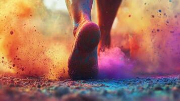 Participants run energetically through a vibrant outdoor venue, colorful powder erupting around their feet, creating a lively atmosphere filled with excitement and movement photo