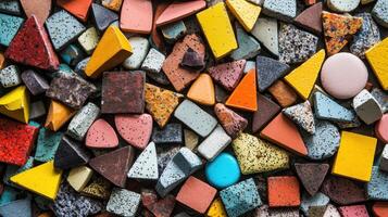 Many small, colorful geometric shapes are scattered across a flat surface, showcasing various textures and hues under natural light, creating an eye-catching mosaic effect photo