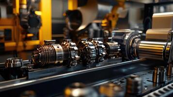 Advanced machinery fabricates intricate engine parts, showcasing automated processes in a well-lit production space during daylight hours photo