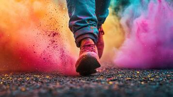 A person is walking on a path covered in vibrant colored powders, with clouds of bright pink and orange surrounding them, creating a lively festival atmosphere in the background photo