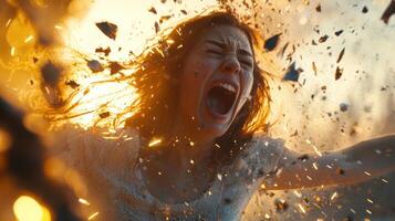 A woman is captured in a moment of raw emotion, surrounded by shards and bright light. She screams powerfully, conveying a sense of urgency and drama in the atmosphere photo