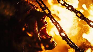 A man is screaming in front of a fire photo