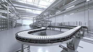 A conveyor belt winds through an expansive, well-lit industrial space. The clean design facilitates efficient movement of products, enhancing workflow and productivity photo