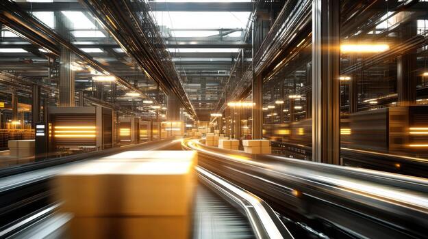 A motion blurred image of a conveyor belt in a warehouse photo