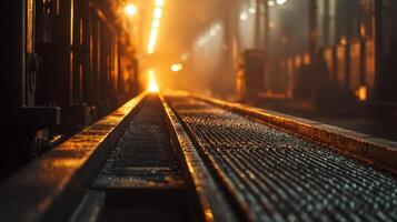In a dimly lit industrial area, wet rail tracks glisten as warm lights create an atmospheric glow. The early morning ambiance adds depth to the scene, highlighting the textures and reflections photo