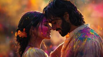A couple stands closely embracing each other amidst a colorful explosion of Holi powders, celebrating love and joy during the vibrant festival, surrounded by festive decorations photo