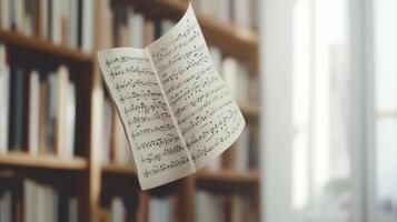 A sheet of music is hanging from a book shelf photo