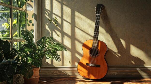 A guitar is sitting on a wooden floor near a window photo