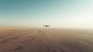 A small drone flying over a desert area photo