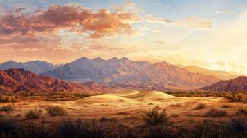 A desert landscape with mountains and sand dunes photo