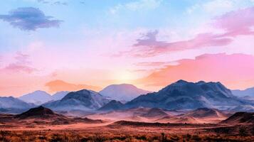 A desert landscape with mountains and sun photo