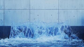 A large water fountain is shown in front of a wall photo