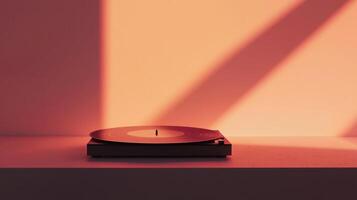 A turntable sitting on a table in front of a wall photo