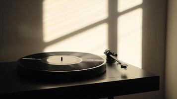 A turntable sits on a table in front of a window photo