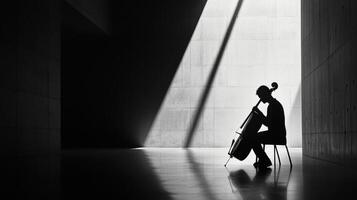 Silhouette of a man playing the cello in a dark room photo