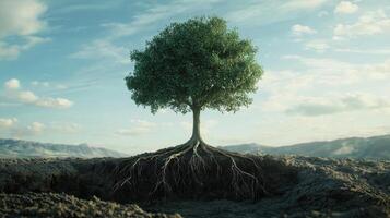 Tree with roots on top of a mountain photo