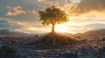 Tree with roots on barren ground at sunset photo