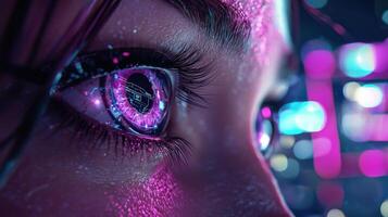 A woman's eye with neon lights and a glowing eye photo