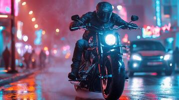 A man riding a motorcycle on a rainy night photo