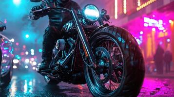 A man riding a motorcycle in the rain at night photo