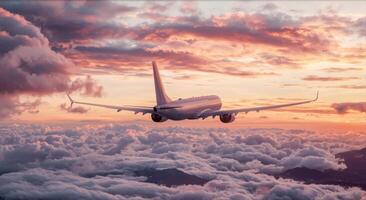 An airplane flying over the clouds at sunset photo