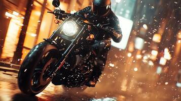 A person riding a motorcycle in the rain photo