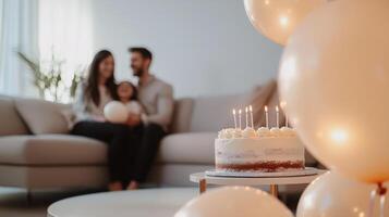 A family sitting on a couch with a cake and balloons photo