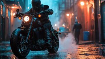 A man riding a motorcycle on a rainy street photo