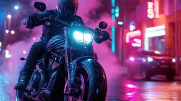A man riding a motorcycle in the dark at night photo