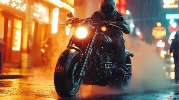 A man riding a motorcycle on a rainy night photo
