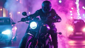 A person riding a motorcycle in the dark with smoke photo