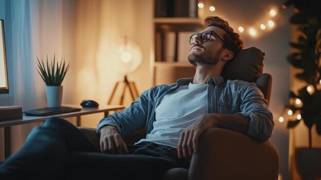 A man is sitting in a chair in front of a computer screen photo
