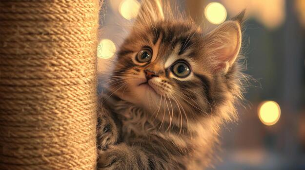 A kitten is peeking out from behind a rope photo