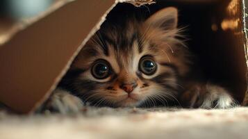 A kitten peeking out from under a cardboard box photo