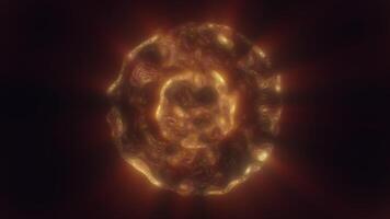 A golden-hued glowing sphere made of intricate light patterns floating in a dark void background, in high quality 4k, motion design video
